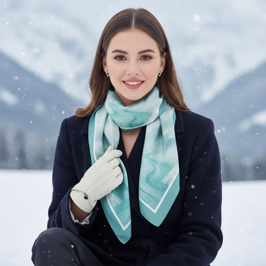 Woman walking through snow wearing SoieVia™ Glacial Flow silk scarf, gently holding the fabric — 18 mm silk twill inspired by the Swiss Alps, symbol of elegance, calm, and connection.