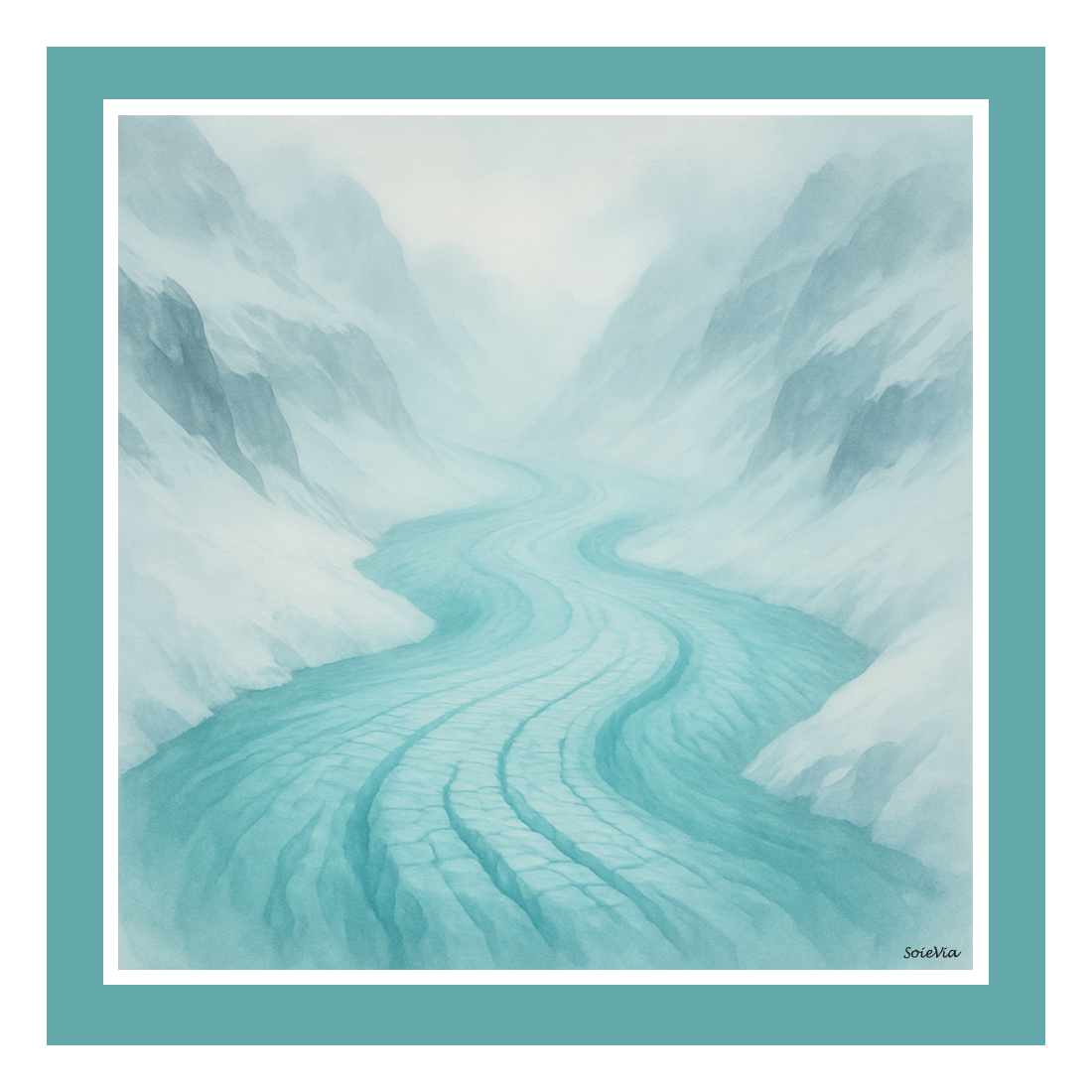 SoieVia™ Glacial Flow designer silk scarf shown flat — 18 mm silk twill from the Alpine Collection, featuring cool blue and silver tones inspired by glacial light and Swiss winter calm.