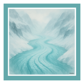 SoieVia™ Glacial Flow designer silk scarf shown flat — 18 mm silk twill from the Alpine Collection, featuring cool blue and silver tones inspired by glacial light and Swiss winter calm.
