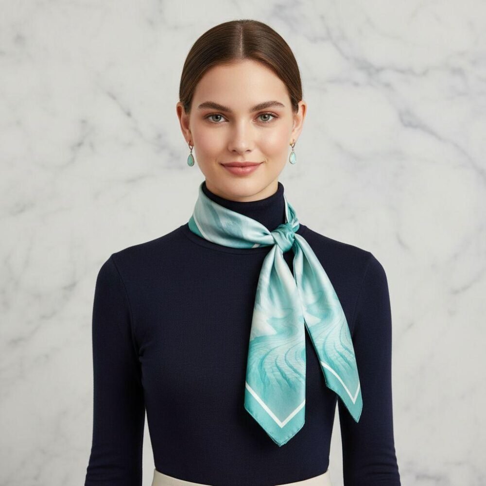 Model wearing SoieVia™ Glacial Flow silk scarf over a black turtleneck — elegant front knot style highlighting icy blue and silver tones of the 18 mm silk twill from the Alpine Collection.