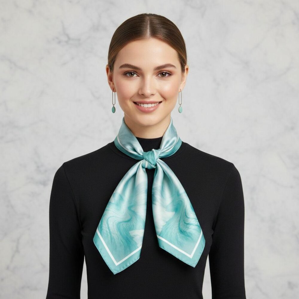 Model demonstrating alternate tie style of the SoieVia™ Glacial Flow silk scarf — soft knot variation revealing fluid drape, silver-blue shimmer, and timeless Alpine sophistication.