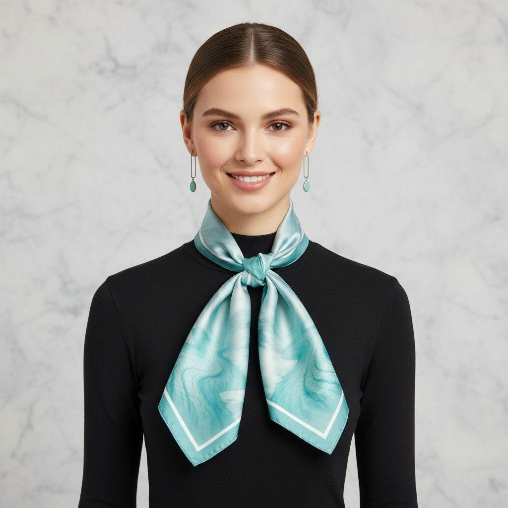 Model demonstrating alternate tie style of the SoieVia™ Glacial Flow silk scarf — soft knot variation revealing fluid drape, silver-blue shimmer, and timeless Alpine sophistication.