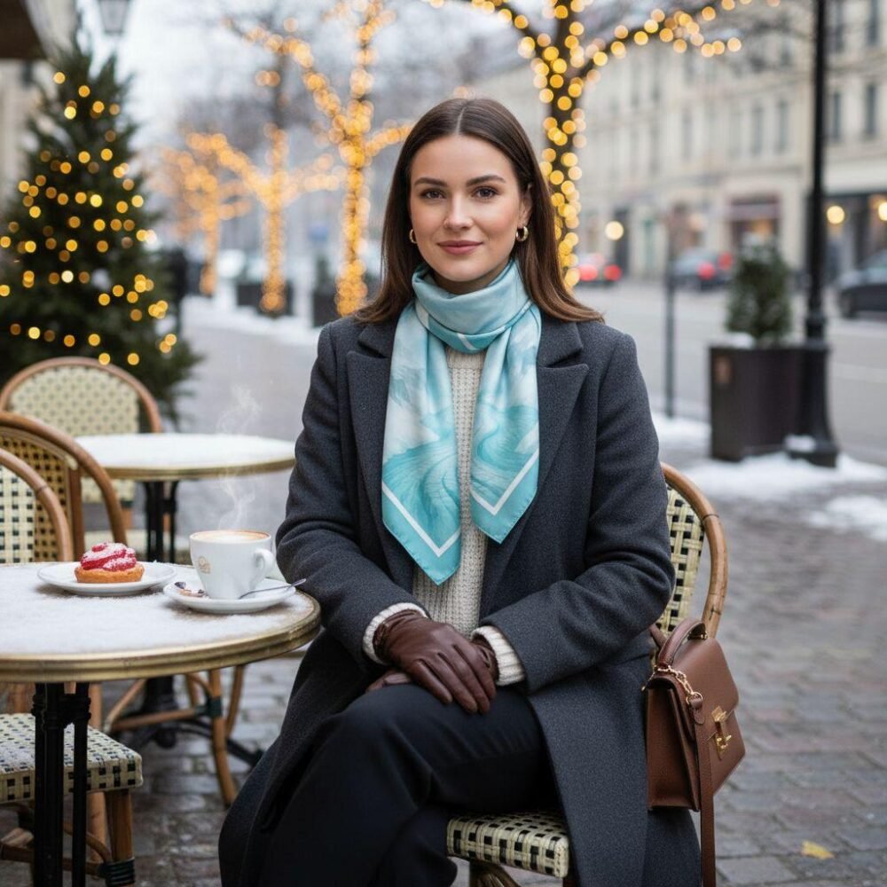 Model wearing SoieVia™ Glacial Flow silk scarf while sitting outside a Zurich café in winter — elegant blue and silver tones of 18 mm silk twill reflecting calm, luxury, and Alpine inspiration.