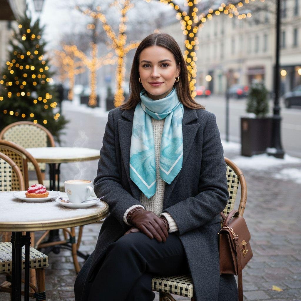Model wearing SoieVia™ Glacial Flow silk scarf while sitting outside a Zurich café in winter — elegant blue and silver tones of 18 mm silk twill reflecting calm, luxury, and Alpine inspiration.