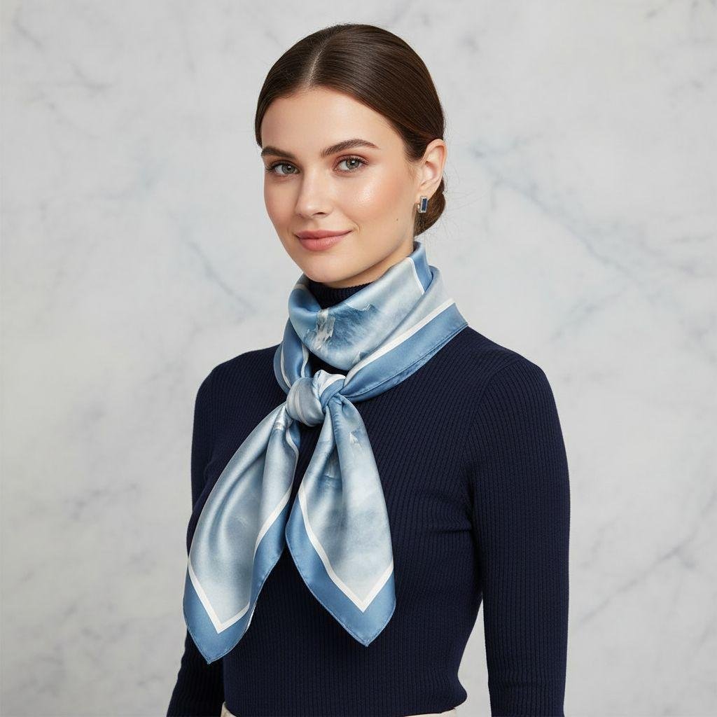 Model wearing SoieVia™ The Swirling Mist silk scarf draped loosely in front — 18 mm silk twill with soft flowing misty tones, expression of elegance, ease, and gentle confidence.