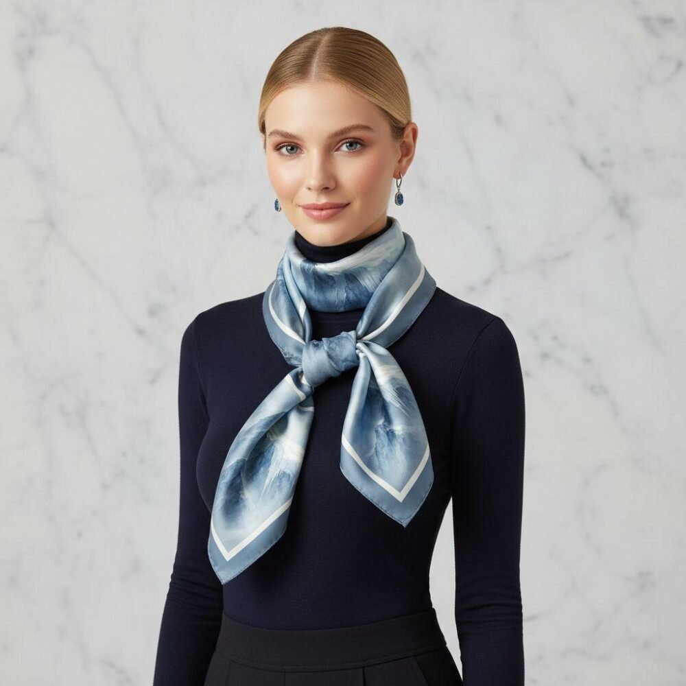 Model wearing SoieVia™ Frosted Ridge silk scarf with a soft front tie over a black turtleneck — 18 mm silk twill in pale silver and blue tones, elegant winter styling from the Alpine Collection.