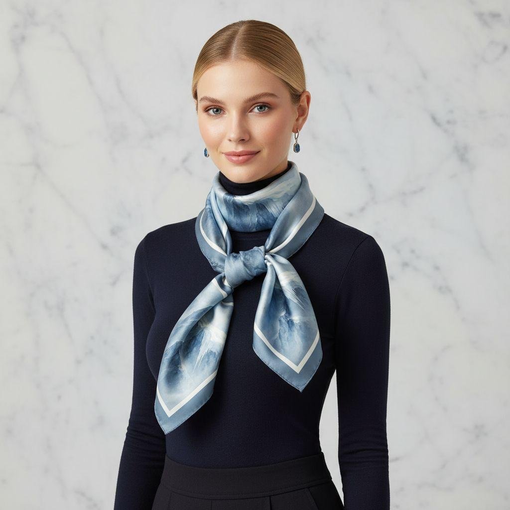 Model wearing SoieVia™ Frosted Ridge silk scarf with a soft front tie over a black turtleneck — 18 mm silk twill in pale silver and blue tones, elegant winter styling from the Alpine Collection.