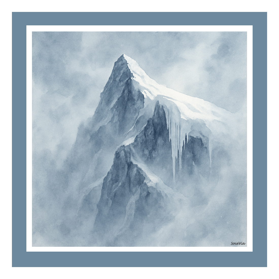 SoieVia™ Frosted Ridge designer silk scarf shown flat — 18 mm silk twill from the Alpine Collection, featuring soft ivory, silver, and pale blue tones inspired by frost and winter light.