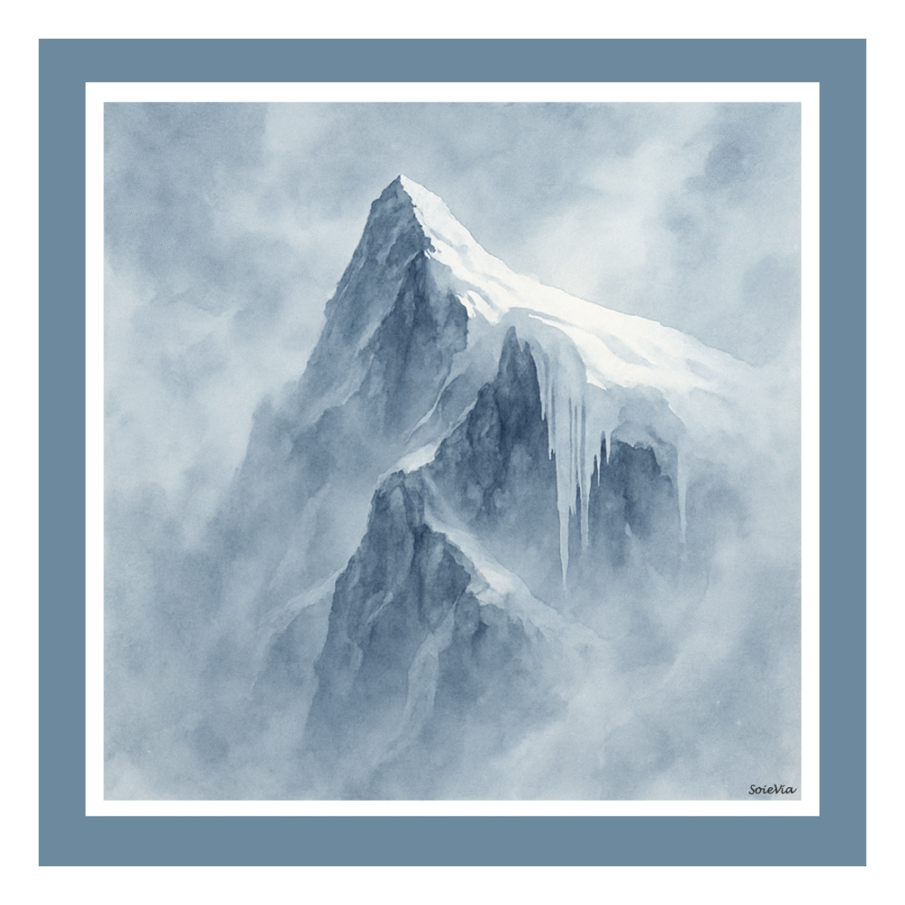 SoieVia™ Frosted Ridge designer silk scarf shown flat — 18 mm silk twill from the Alpine Collection, featuring soft ivory, silver, and pale blue tones inspired by frost and winter light.