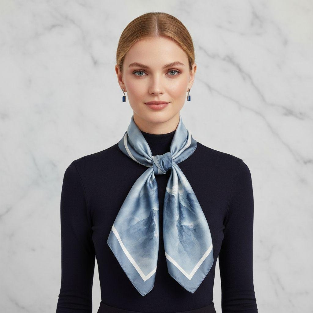 Model demonstrating alternate tie style of the SoieVia™ Frosted Ridge silk scarf — draped loosely around the neck, showcasing movement, soft ivory tones, and refined Alpine-inspired luxury.