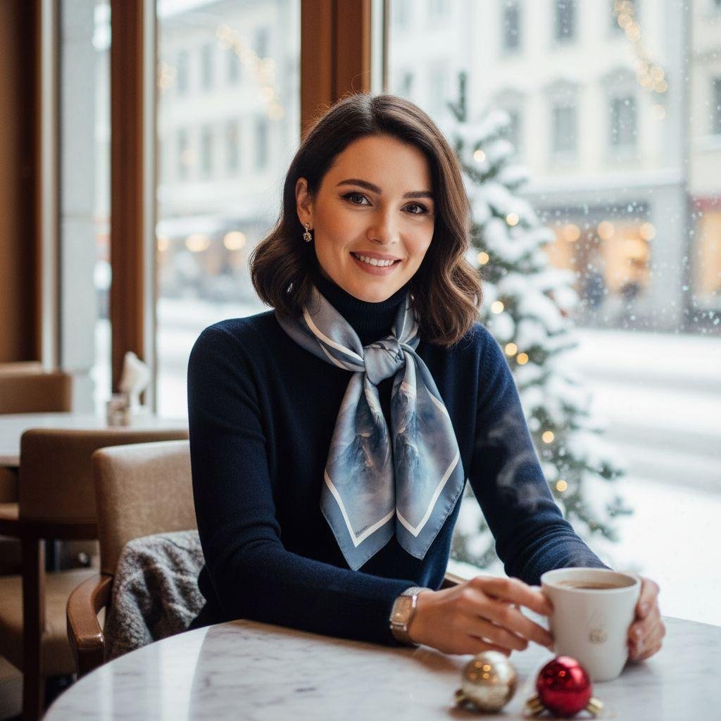 Model indoors at a Zurich café wearing SoieVia™ Frosted Ridge silk scarf — soft winter light outside, calm elegance and warmth captured through Alpine-inspired design.