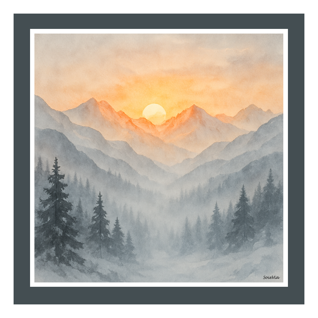 SoieVia™ Golden Horizons designer silk scarf shown flat — 18 mm silk twill from the Alpine Collection, featuring warm amber and gold tones inspired by sunrise over the Swiss Alps.