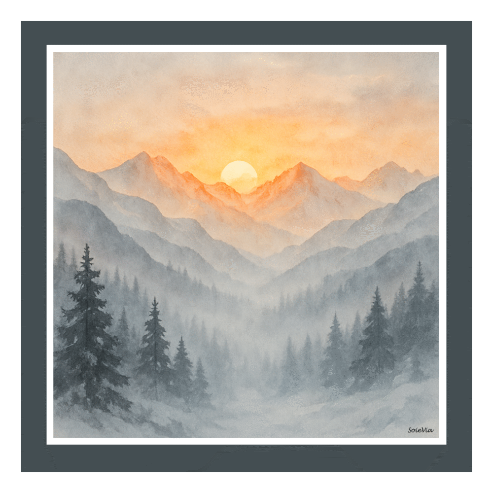 SoieVia™ Golden Horizons designer silk scarf shown flat — 18 mm silk twill from the Alpine Collection, featuring warm amber and gold tones inspired by sunrise over the Swiss Alps.