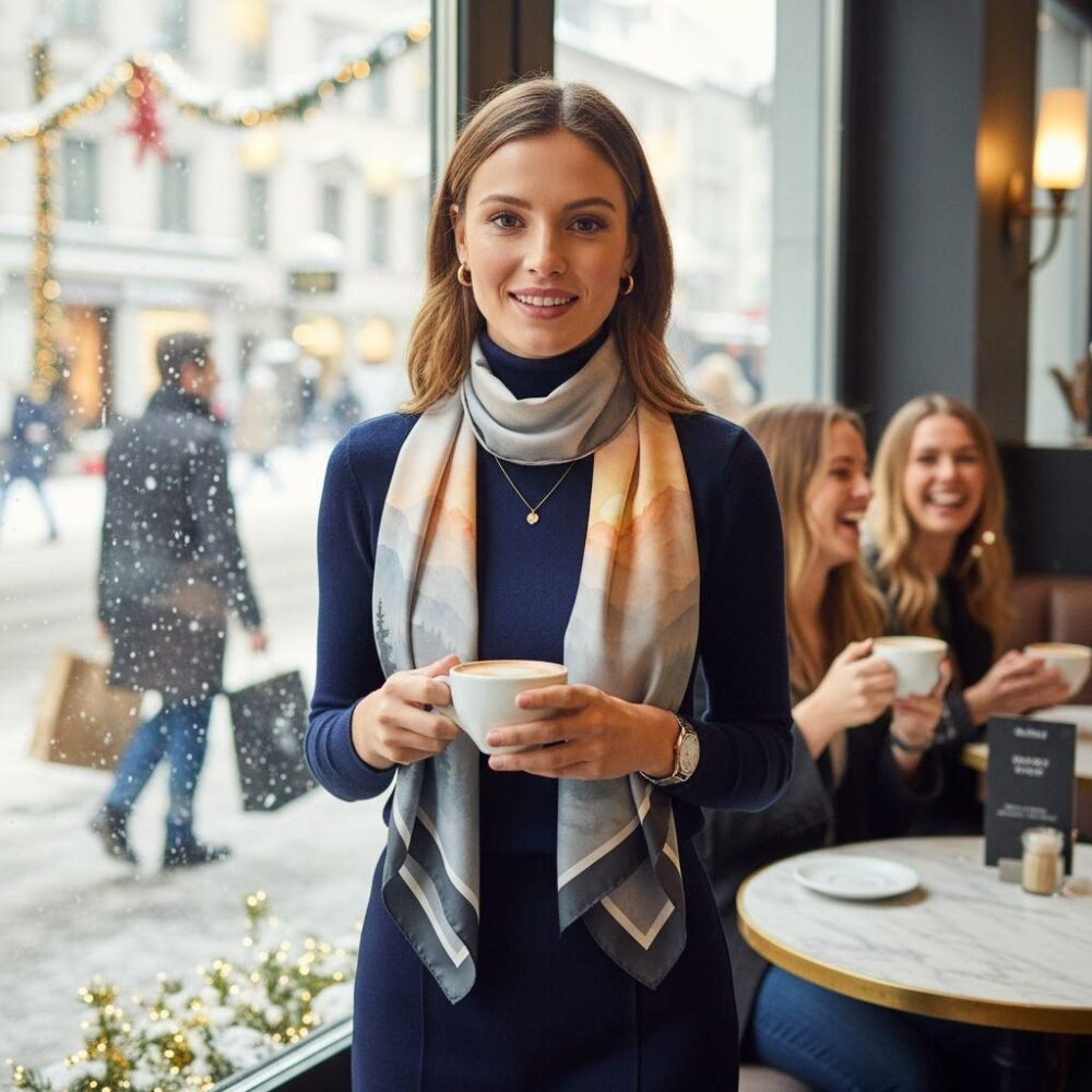Woman wearing SoieVia™ Golden Horizons silk scarf at a Zurich café with friends — elegant winter fashion, warm amber tones, and effortless luxury from the Alpine Collection