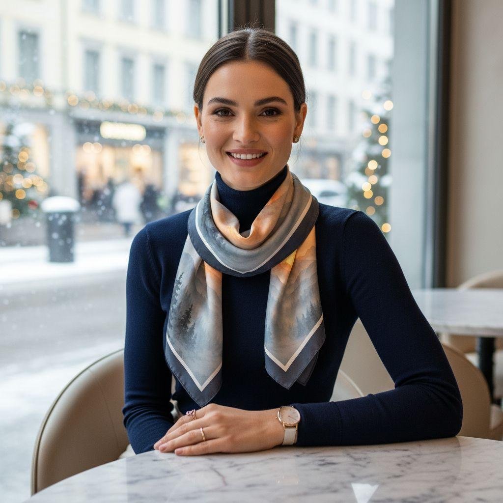 Woman wearing SoieVia™ Golden Horizons silk scarf in a Zurich café — candid moment of laughter with friends, luxury 18 mm silk twill reflecting golden Alpine tones and effortless winter elegance.