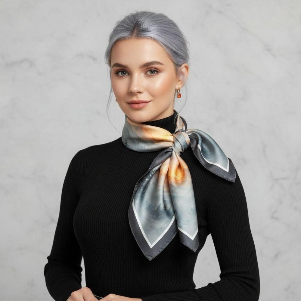 Model demonstrating a second tie style of the SoieVia™ Golden Horizons silk scarf — soft golden hues, fluid movement, and versatile elegance from the Alpine Collection