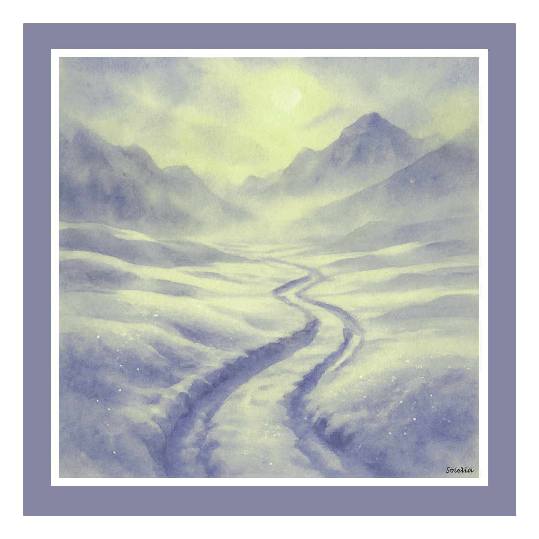 SoieVia™ Snowfield Light silk scarf shown flat — design inspired by crystal snowflakes and winter meadows, delicate 18 mm silk twill reflecting light in subtle ivory and silver tones.