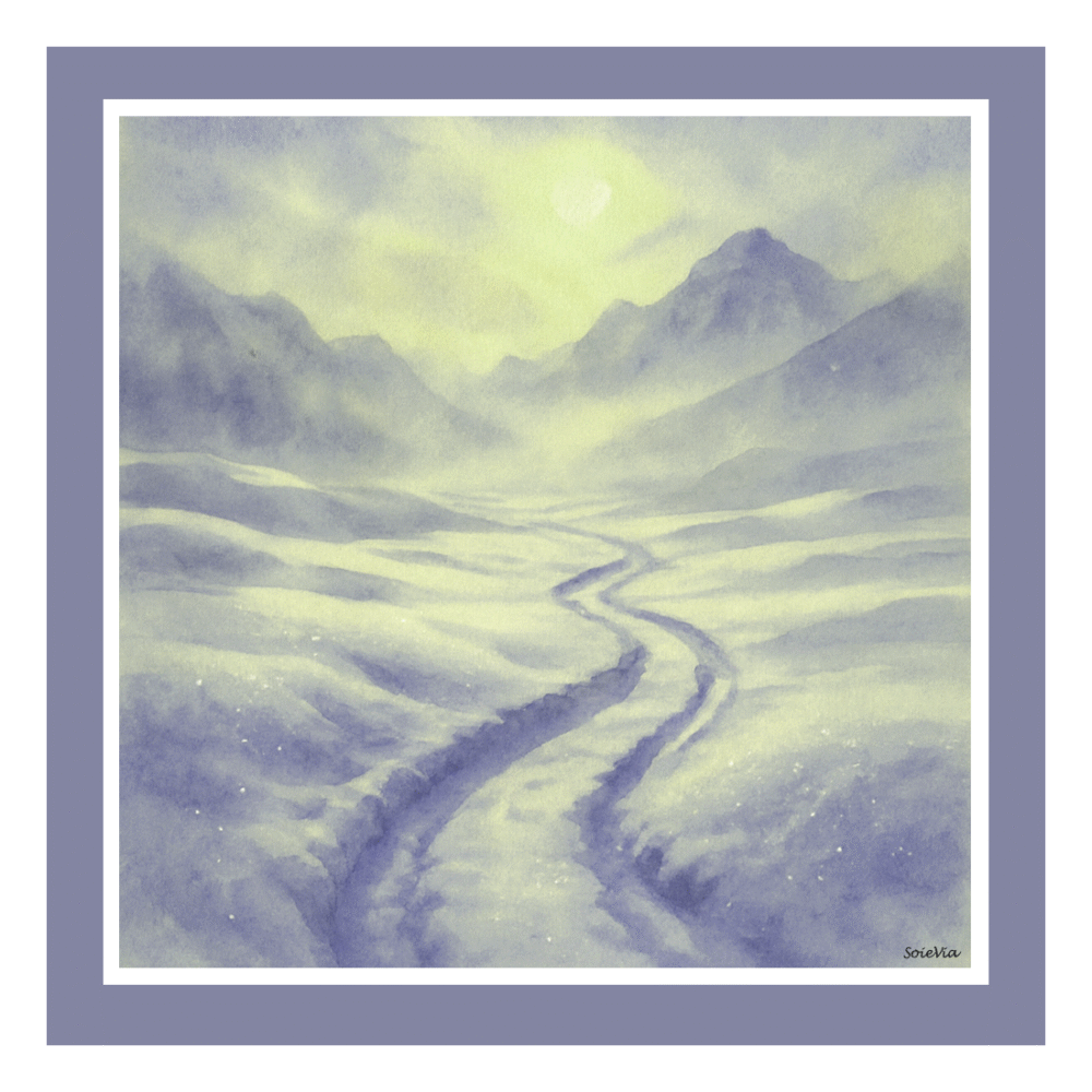 SoieVia™ Snowfield Light silk scarf shown flat — design inspired by crystal snowflakes and winter meadows, delicate 18 mm silk twill reflecting light in subtle ivory and silver tones.