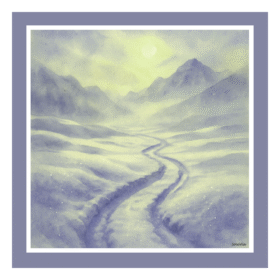 SoieVia™ Snowfield Light silk scarf shown flat — design inspired by crystal snowflakes and winter meadows, delicate 18 mm silk twill reflecting light in subtle ivory and silver tones.
