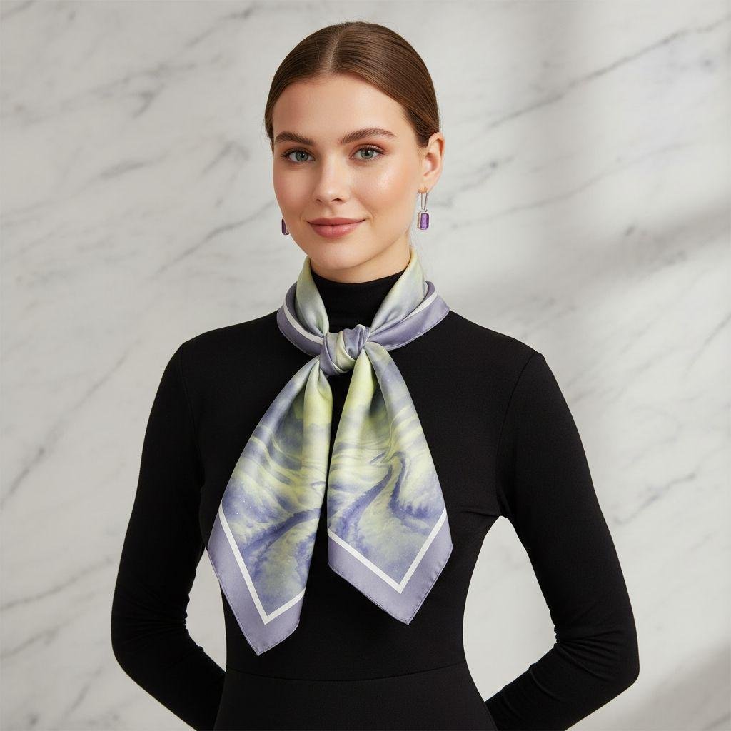 Model wearing SoieVia™ Snowfield Light silk scarf tied softly around the neck over a black turtleneck — 18 mm silk twill with white and silver tones reflecting Alpine light and modern Swiss elegance.