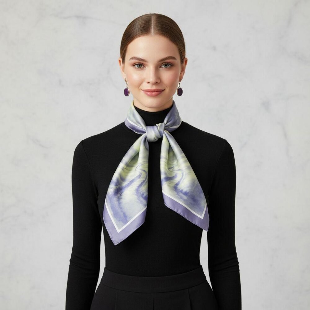 Model wearing SoieVia™ Snowfield Light silk scarf in alternate styling — loose front drape highlighting the sheen of 18 mm silk twill and the serene snowfield-inspired design.