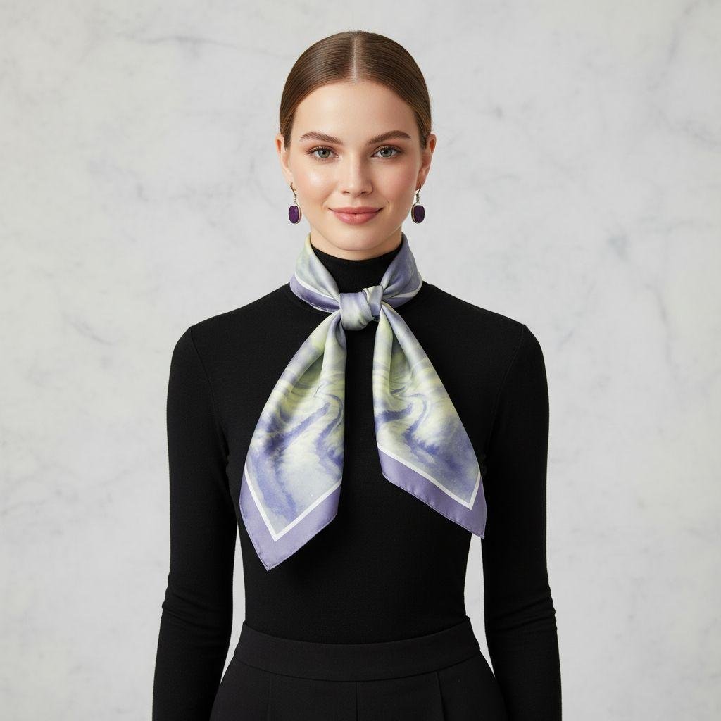 Model wearing SoieVia™ Snowfield Light silk scarf in alternate styling — loose front drape highlighting the sheen of 18 mm silk twill and the serene snowfield-inspired design.