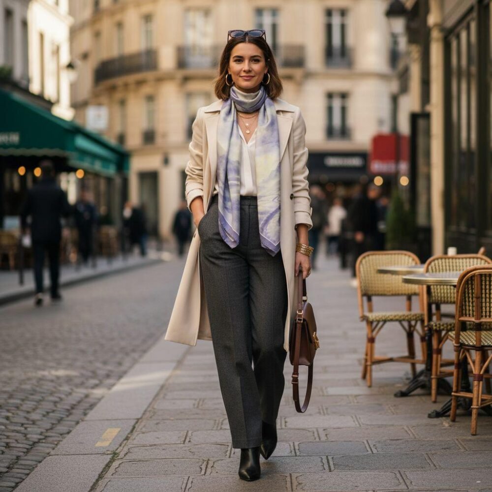 Model walking along Geneva’s cobbled shopping streets wearing SoieVia™ Snowfield Light silk scarf — 18 mm silk twill flowing softly in the winter air, expression of refined Swiss elegance.