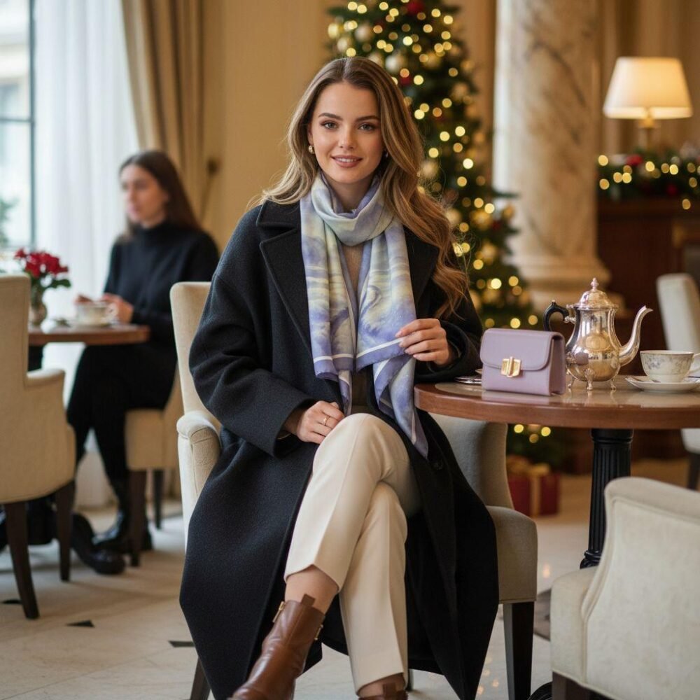 Model wearing SoieVia™ Snowfield Light silk scarf in a luxury hotel lobby, seated with tea and matching clutch — refined winter elegance, calm sophistication, and subtle Alpine-inspired desi