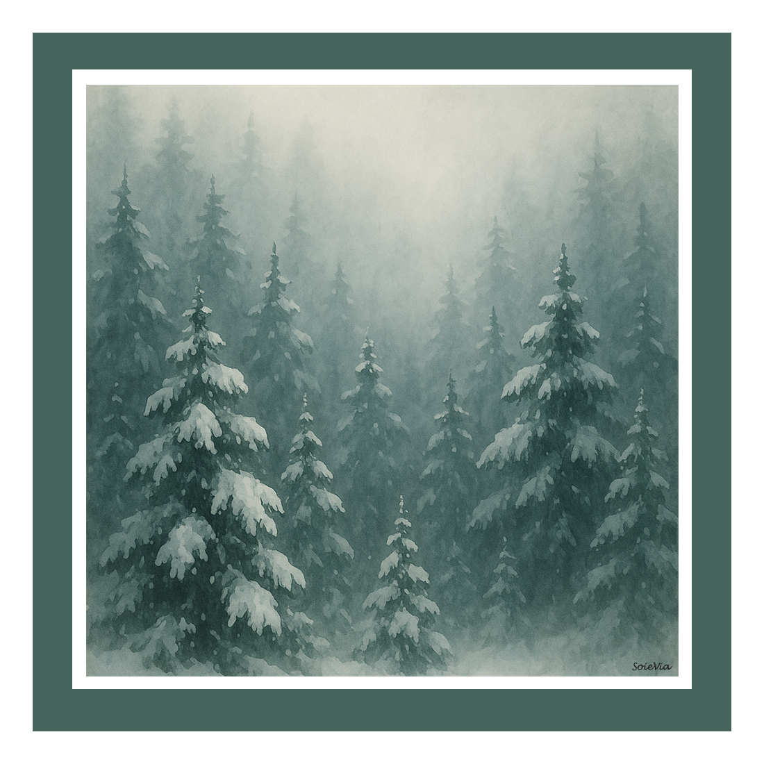 SoieVia™ Winter Pines silk scarf shown flat — intricate design of pine branches and Alpine textures in green and soft silver hues, 18 mm silk twill representing strength, renewal, and balance.