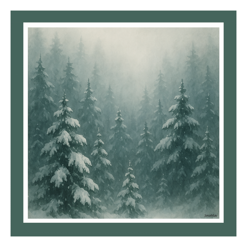 SoieVia™ Winter Pines silk scarf shown flat — intricate design of pine branches and Alpine textures in green and soft silver hues, 18 mm silk twill representing strength, renewal, and balance.
