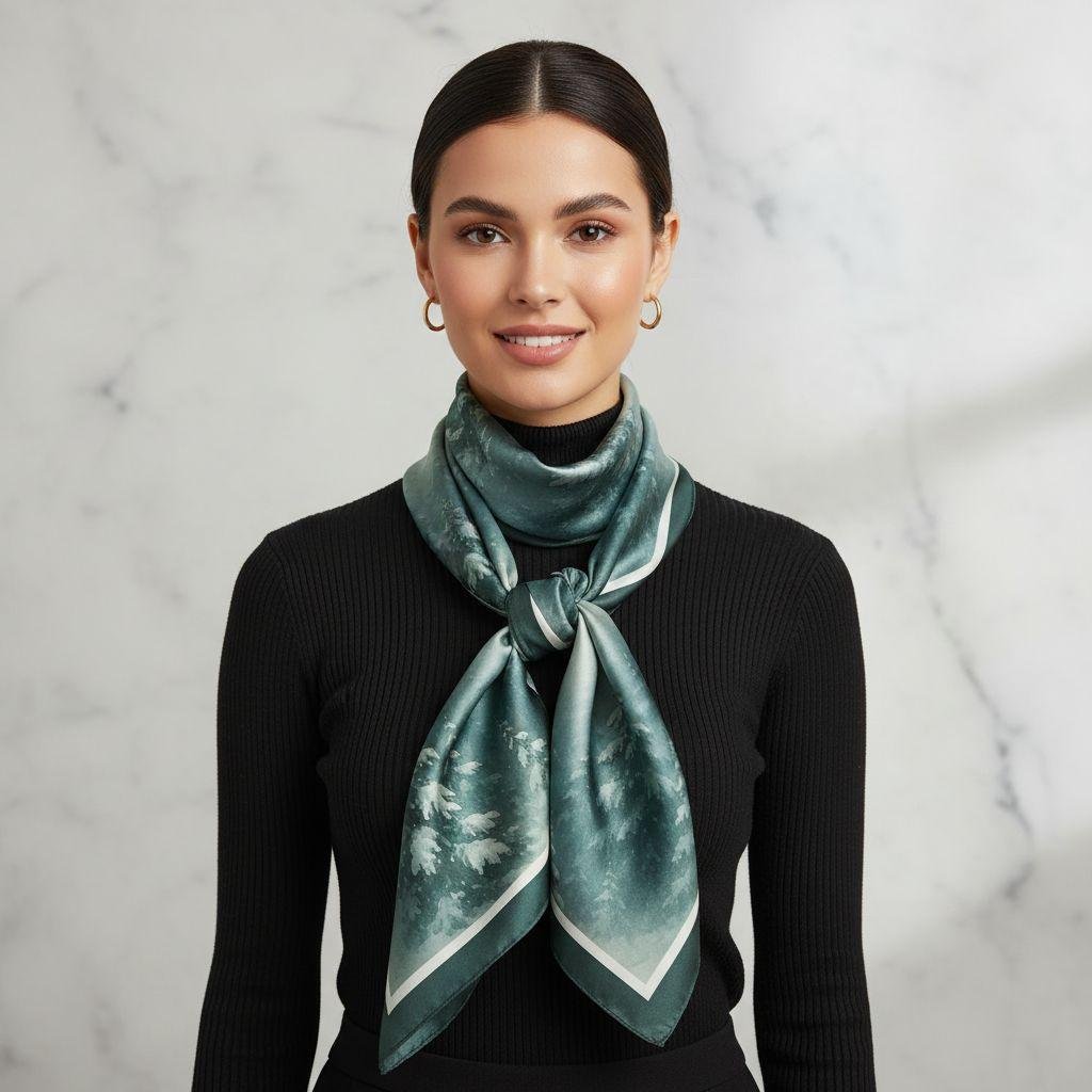 Model wearing SoieVia™ Winter Pines silk scarf tied neatly over a black turtleneck — 18 mm silk twill with deep pine-green design, embodying calm confidence and Alpine refinement.