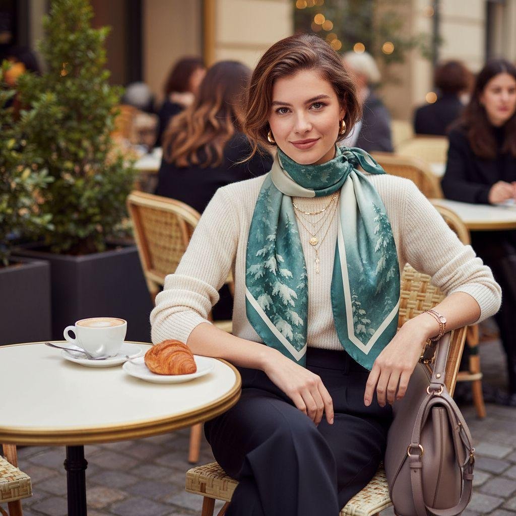 Two women wearing SoieVia™ Winter Pines silk scarves in a cozy Zürich café — soft winter light, pine-inspired designs, warmth and connection captured in refined Alpine elegance.