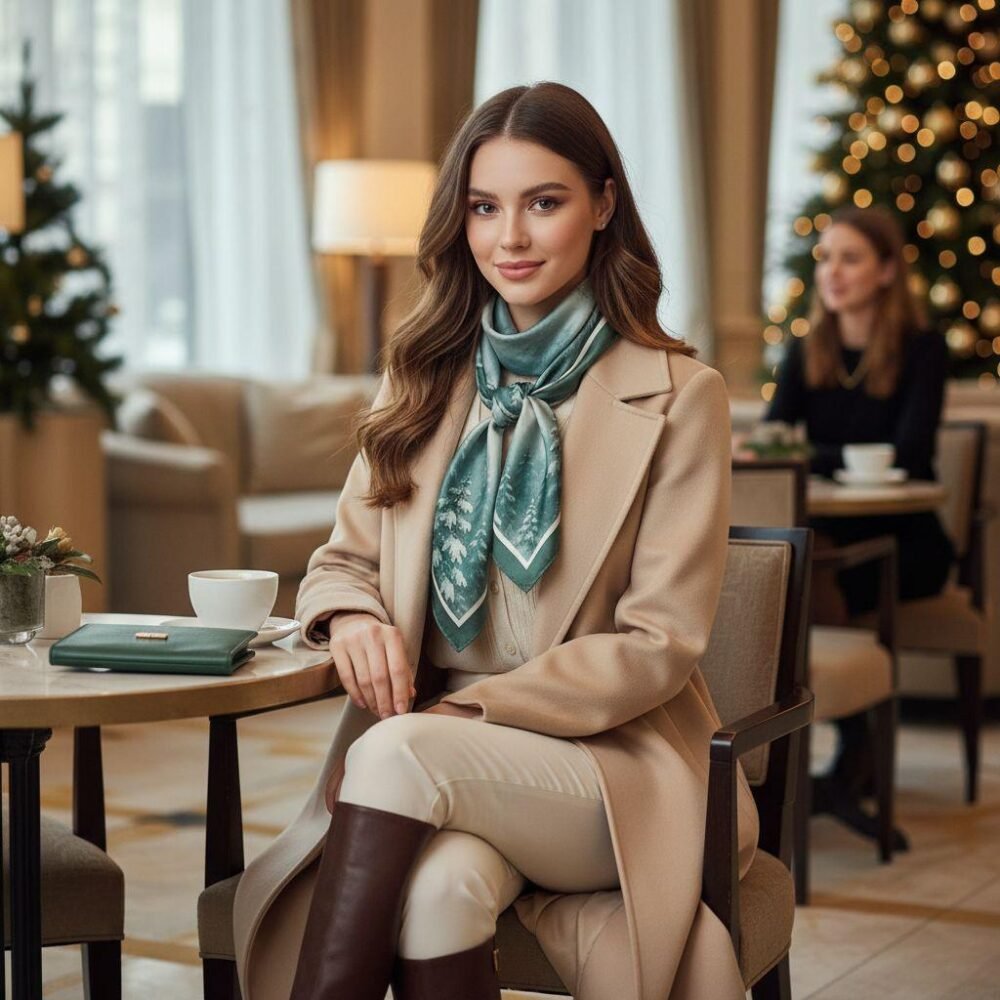 a girl wearing SoieVia™ Winter Pines silk scarves sharing laughter in a Zürich café — pine-green silk glimmering in winter light, symbol of friendship, warmth, and timeless style.