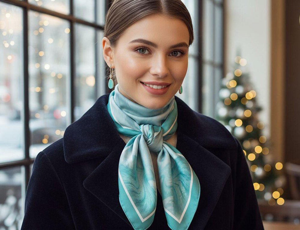 Woman wearing SoieVia™ Glacial Flow luxury silk scarf — 18 mm silk twill inspired by the Swiss Alps, elegant winter style and meaningful Christmas gift.