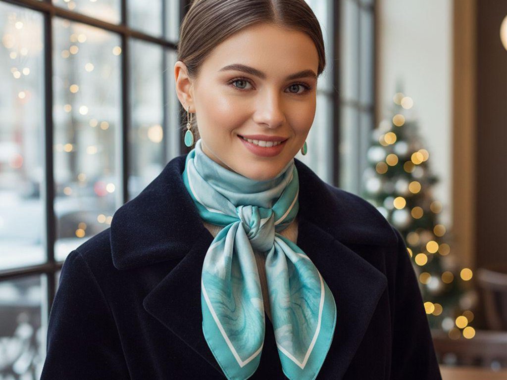 Woman wearing SoieVia™ Glacial Flow luxury silk scarf — 18 mm silk twill inspired by the Swiss Alps, elegant winter style and meaningful Christmas gift.