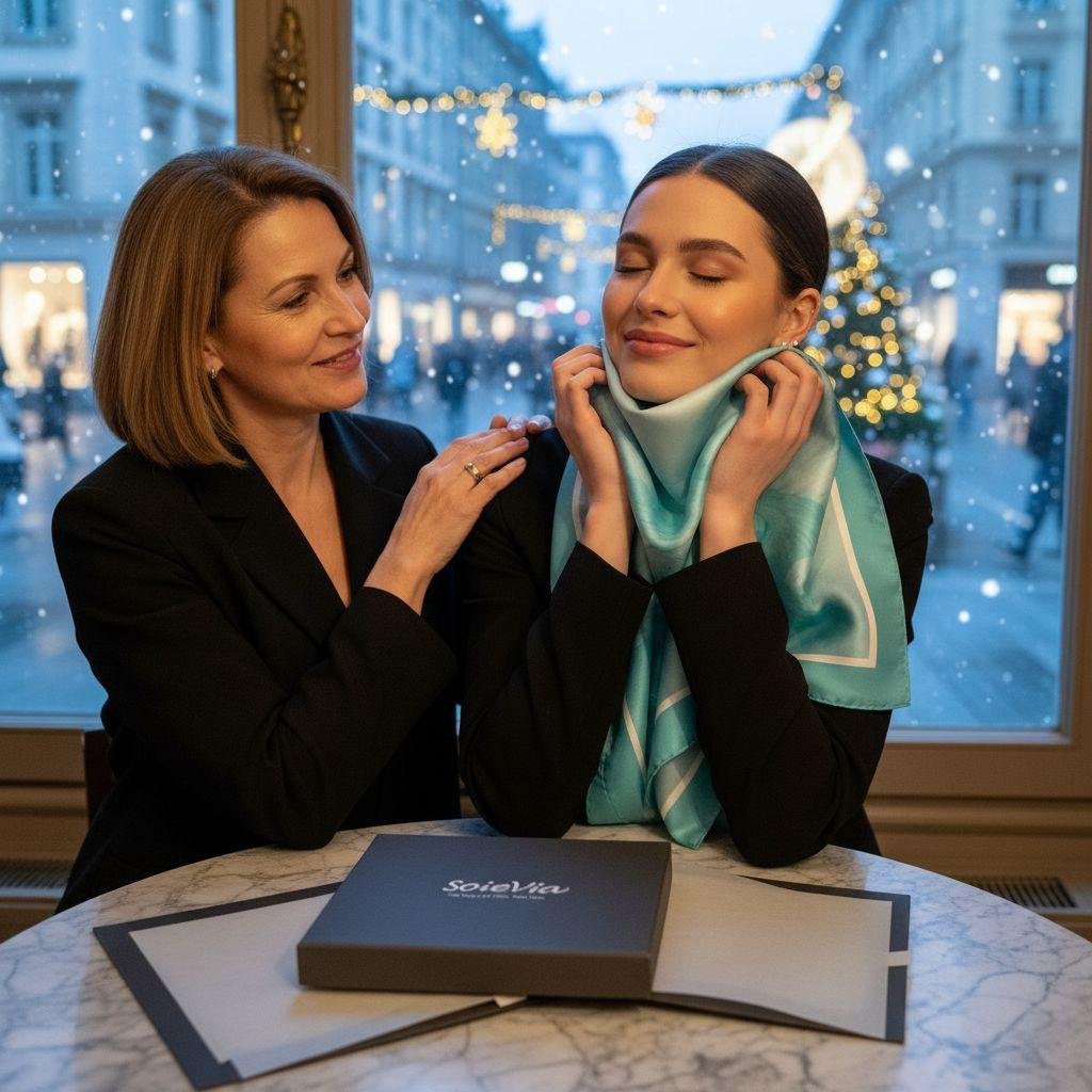 Mother and daughter in a Zurich café sharing a SoieVia™ silk scarf gift — daughter touching real silk for the first time, symbol of connection, love, and timeless elegance.
