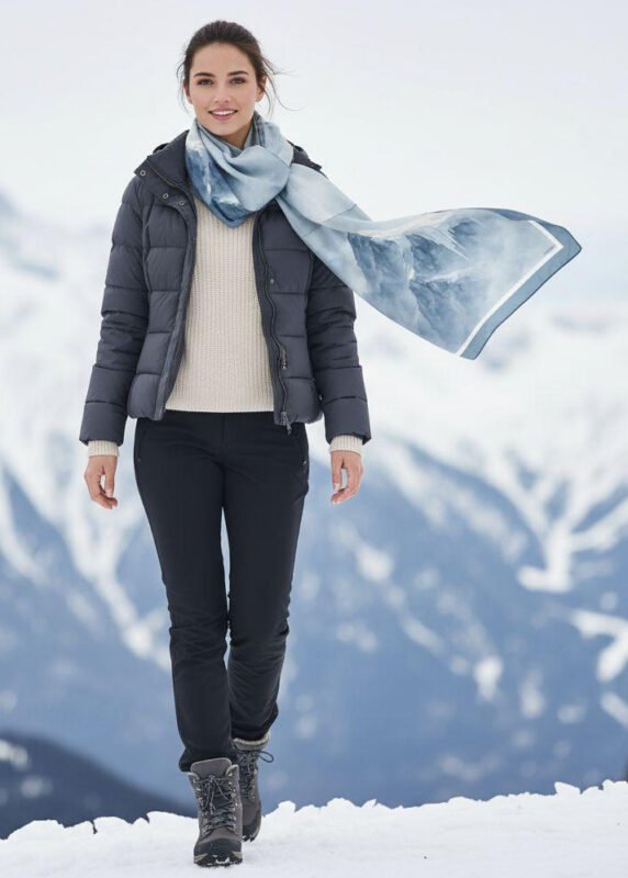 Woman walking through snow wearing SoieVia™ Frosted Ridge luxury silk scarf — 18 mm silk twill inspired by the Alpine landscape, elegant winter fashion and meaningful seasonal gift.